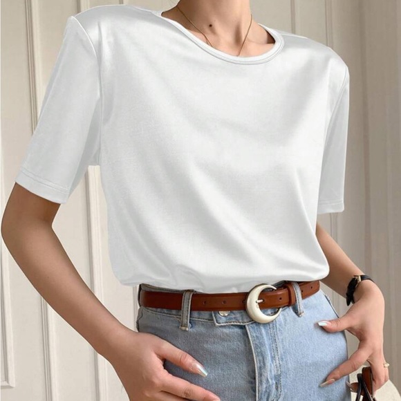 White Satin Round Neck stretchy Tee shirt - Picture 2 of 8